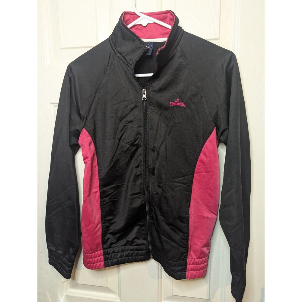 SPALDING Girls Size 14/16 L Black/Pink Full Zip Athletic, Leisure Warm-Up Jacket